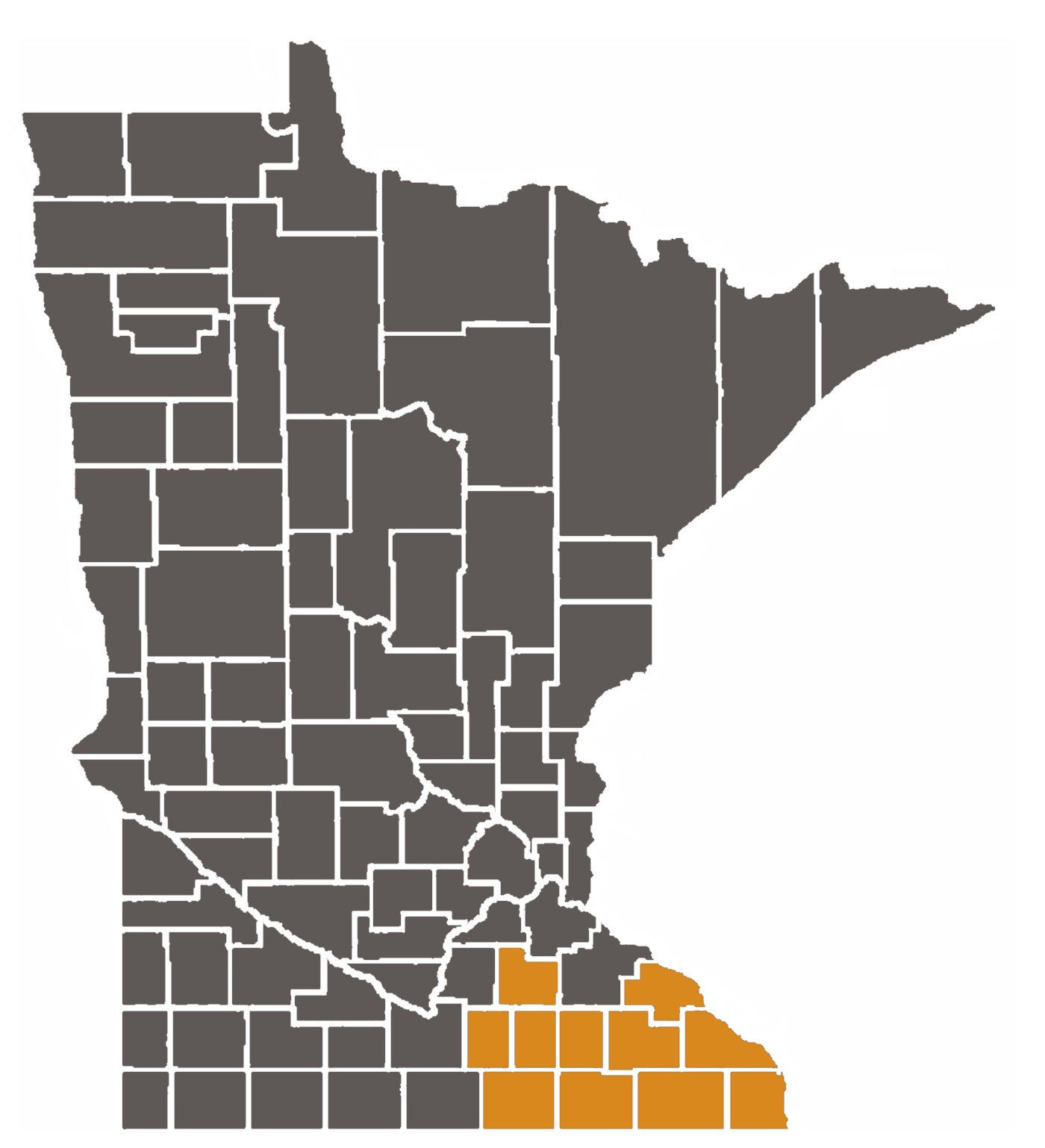 Map of Minnesota with Third Judicial District counties highlighted