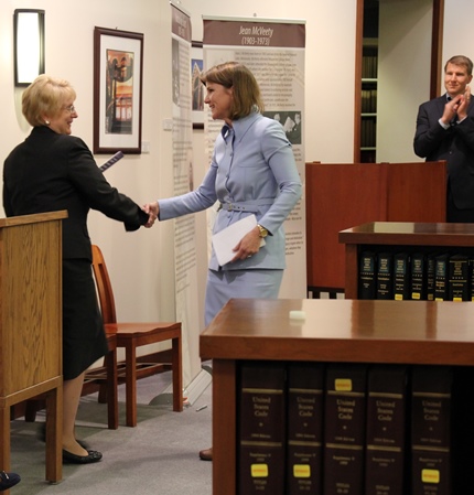 Supreme Court Chief Justice Lorie Gildea (left) introduces Minnesota Attorney General Lori Swanson.