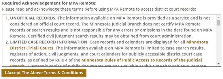 Image of the Terms and Conditions found on the Access Case Records page of the Minnesota Judicial Branch website.