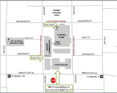 Map of Anoka County Government Center with information on parking and entrances.