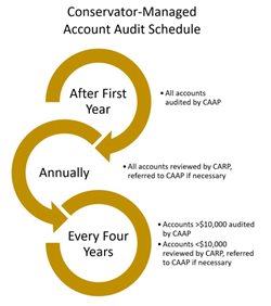 Conservator Managed Account Audit Schedule graphic. All accounts will be audited by CAAP after the first year. CARP will review accounts under $10,000 and older than one year, and larger conservator accounts in-between those accounts’ fourth-year audits that are conducted by CAAP. Reviewers will follow a standard practices guide to ensure that conservator accounts are uniformly monitored.