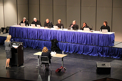 Supreme Court members on the bench at Wayzata High School